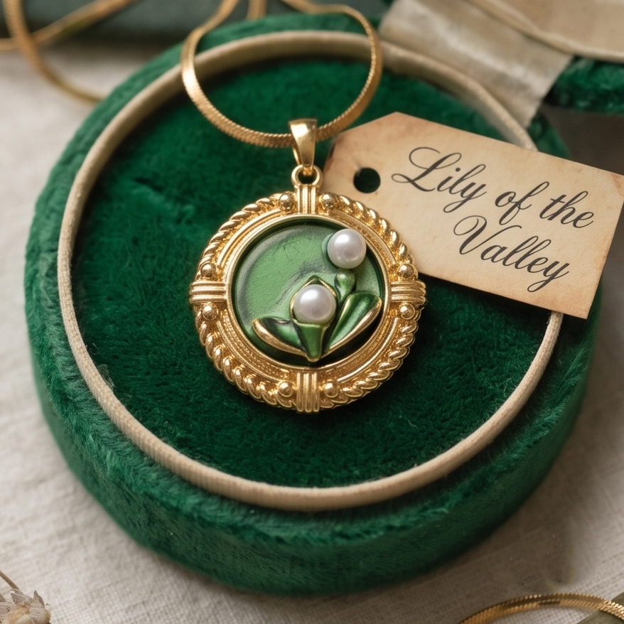 Gold necklace with pendant and tag on green cushion