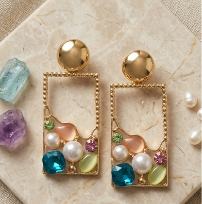 Mosaic Frame Anti-Tarnish Rectangular Drop Earrings