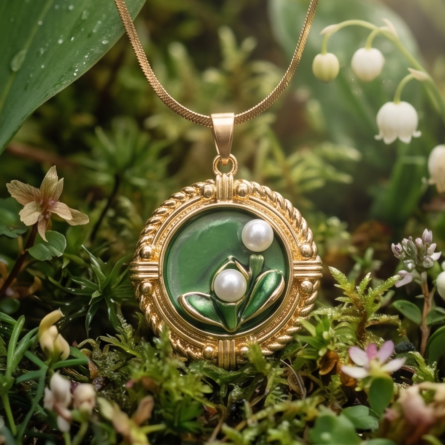 Gold necklace with a pendant featuring green design and white flowers, set against a natural background with greenery and small flowers.