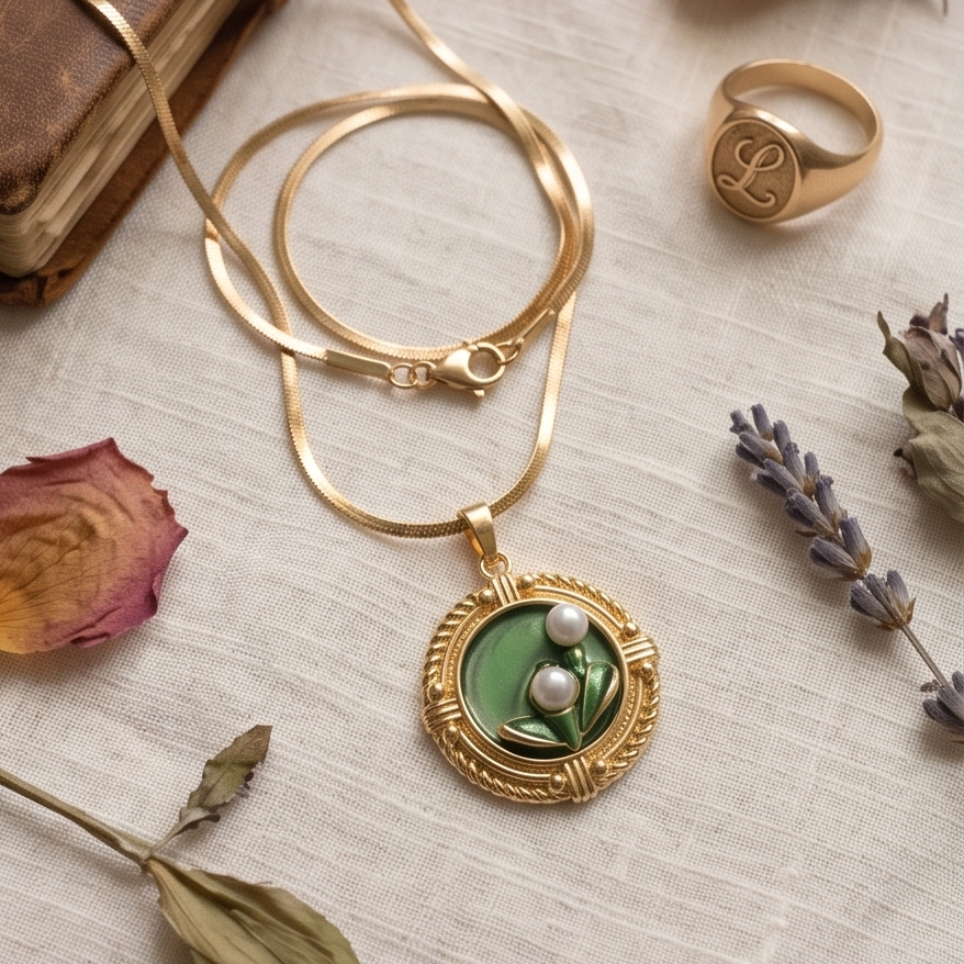 Gold necklace with a green pendant on a textured surface with dried flowers and a book.