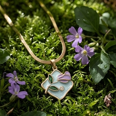 Enamel necklace with floral design on a green moss background