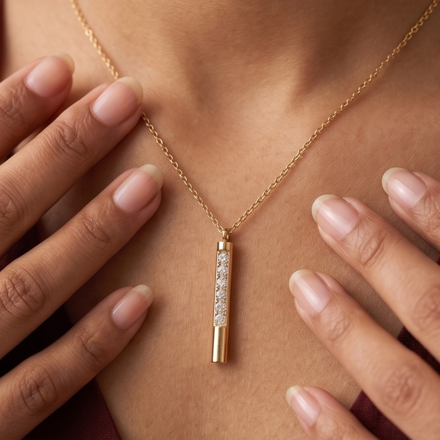Gold necklace with a pendant on a person's neck