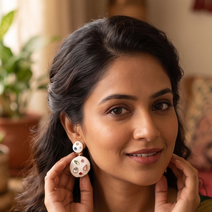 Woman in a green saree adjusting earrings indoors