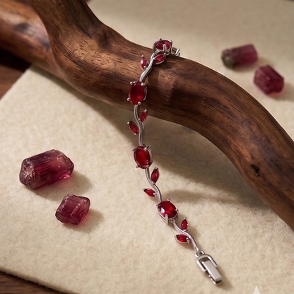 Silver bracelet with red gemstones on a wooden branch and beige surface