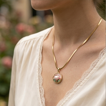 Close-up of a person wearing a gold necklace with a pendant, set against a blurred floral background.