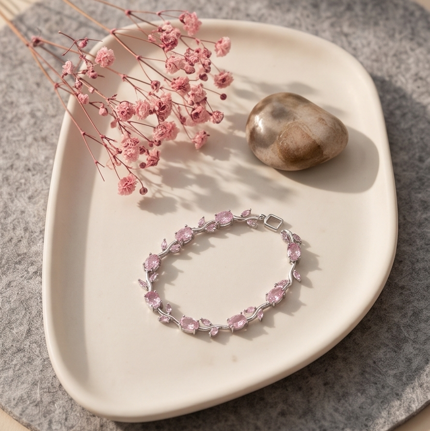 Pink bracelet on a white dish with dried pink flowers and a stone
