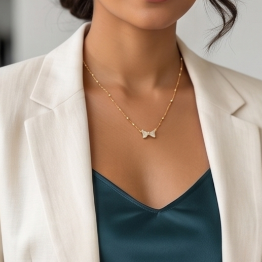 Woman wearing a white blazer and teal top with a gold necklace featuring a butterfly pendant.