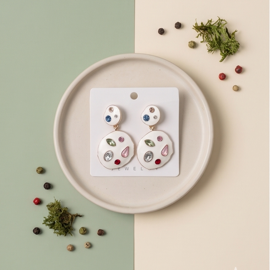 Pair of earrings on a display card with a decorative background
