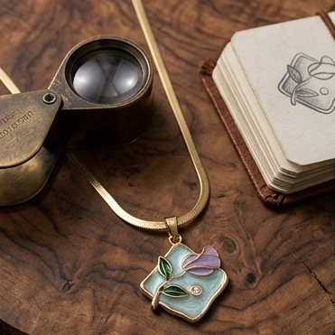 Gold necklace with a floral pendant on a wooden surface next to a magnifying glass and small notebook.