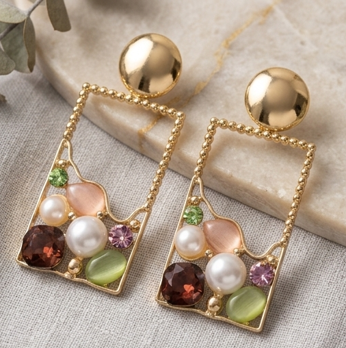 Mosaic Frame Anti-Tarnish Rectangular Drop Earrings