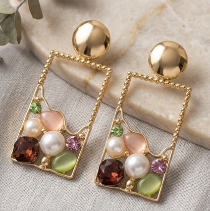 Mosaic Frame Anti-Tarnish Rectangular Drop Earrings