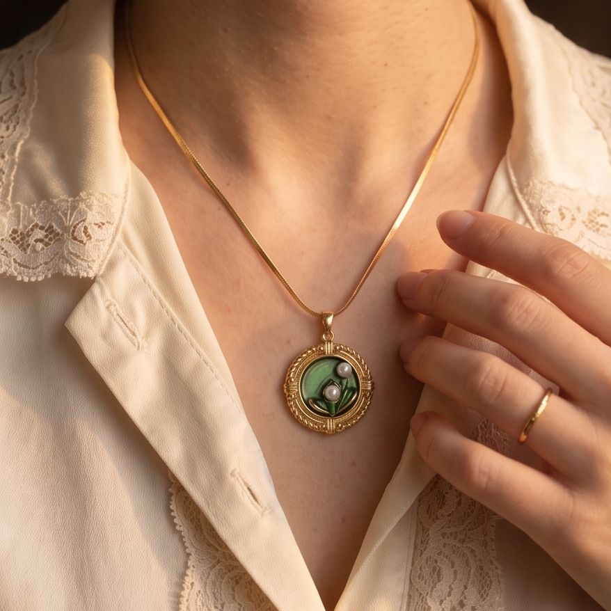 Gold necklace with a green pendant worn by a person in a cream blouse.