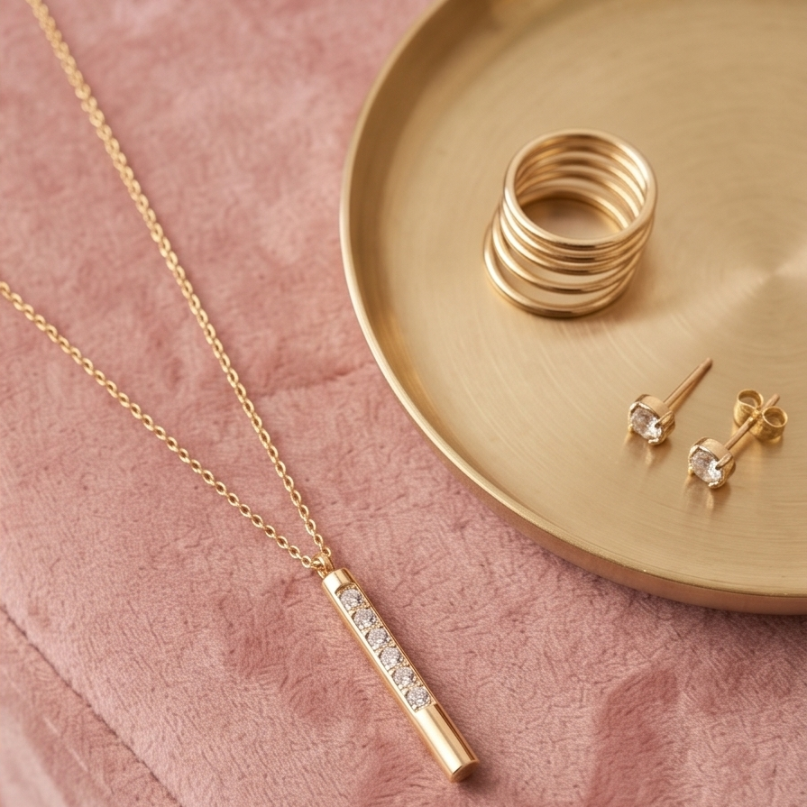 Gold necklace, rings, and earrings on a pink surface with a gold tray.