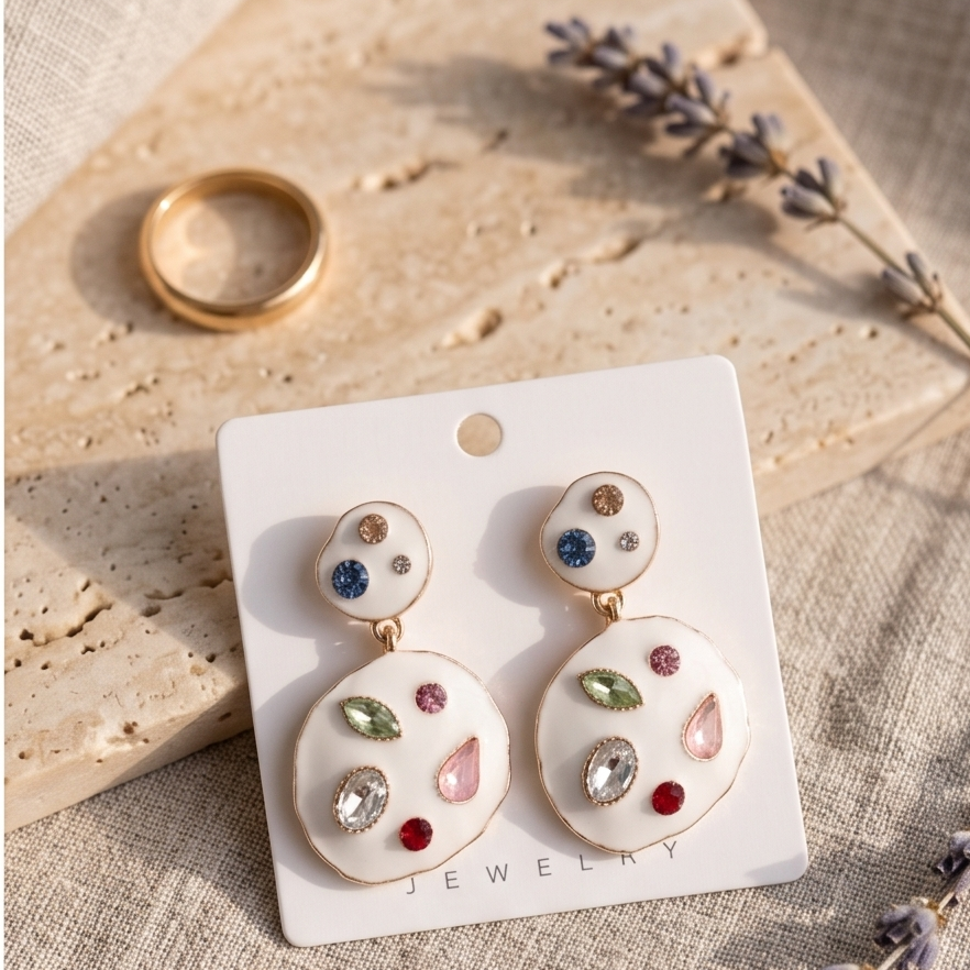 Pair of earrings on a jewelry card with rings and lavender flowers in the background