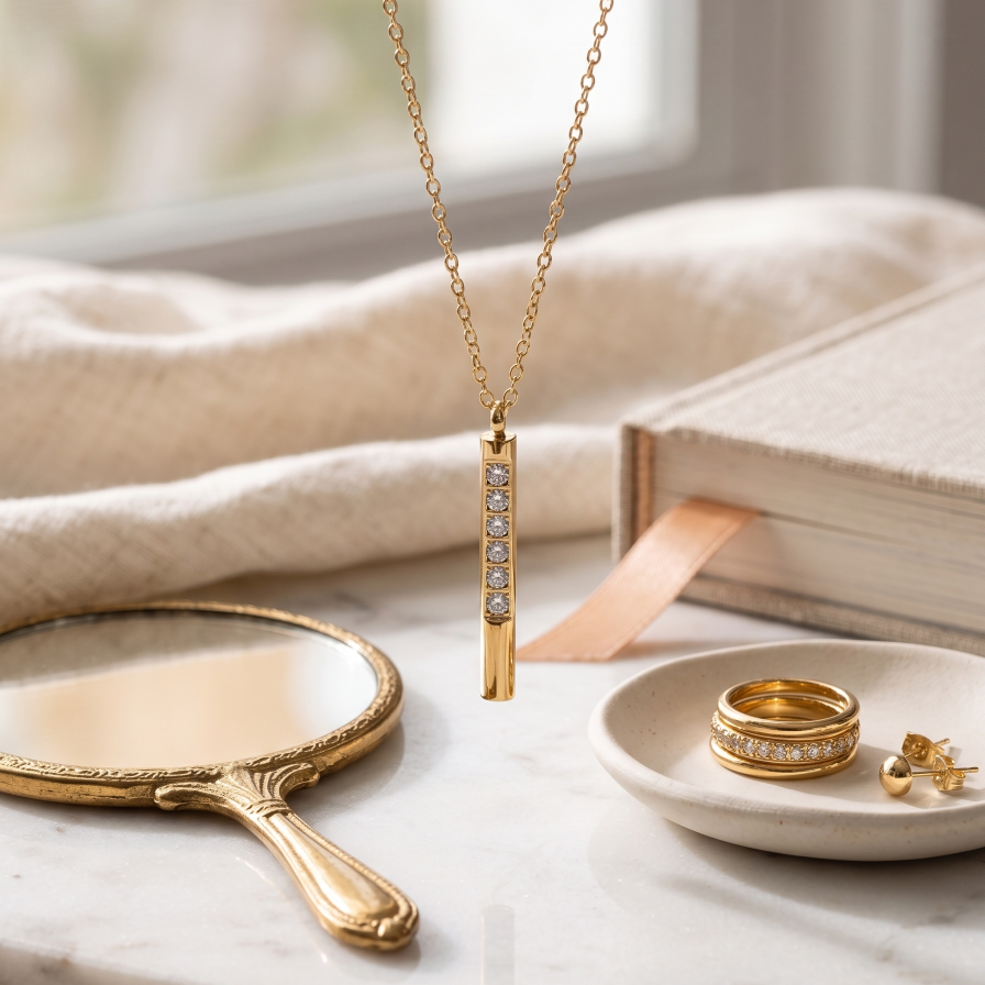 Gold necklace with a pendant on a marble surface with jewelry and a book.
