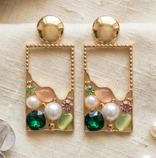 Mosaic Frame Anti-Tarnish Rectangular Drop Earrings